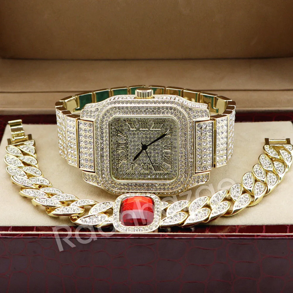 Hip Hop 14K Gold Simulated Diamond Watch Ruby Cuban Bracelet Set F46