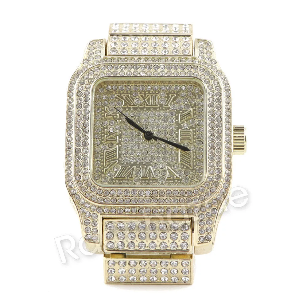Hip Hop 14K Gold Simulated Diamond Watch Ruby Cuban Bracelet Set F46