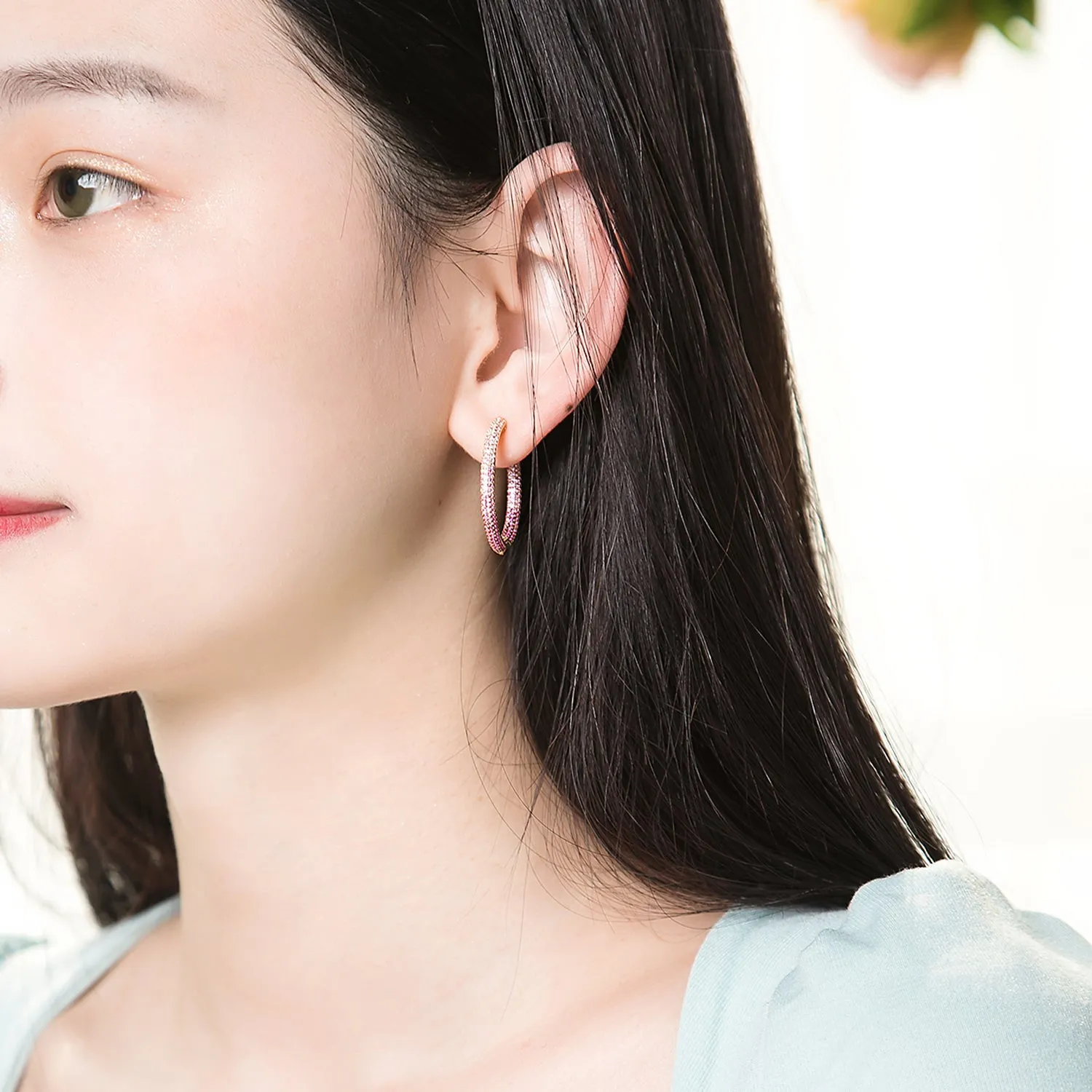 Infinity Circle Diamond and Pink Sapphire Hoop Earrings