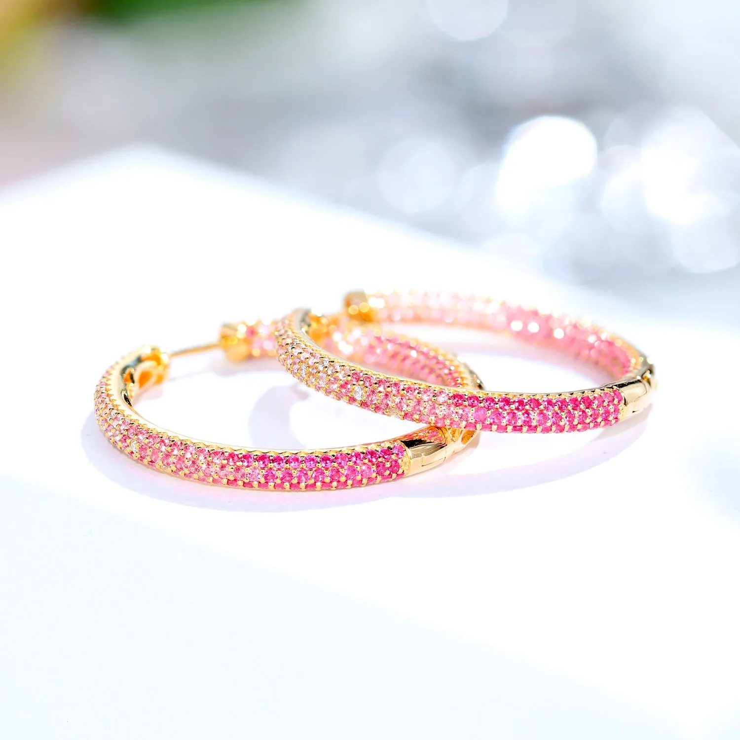 Infinity Circle Diamond and Pink Sapphire Hoop Earrings