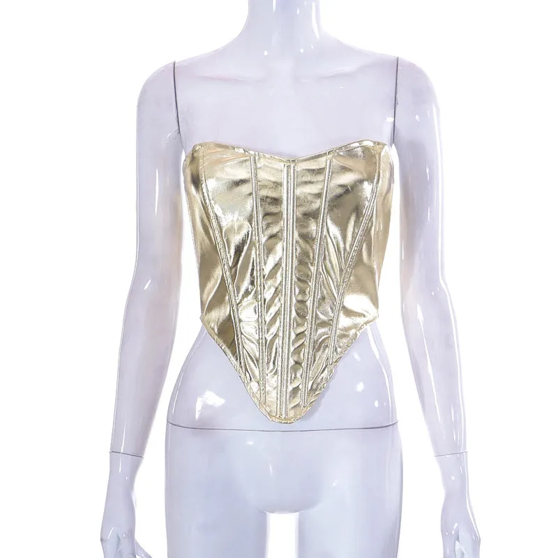 J22TP189 European and American Women's Clothing New2023Spring Fashion Metallic Waist Top Sexy Base Shirt Wholesale