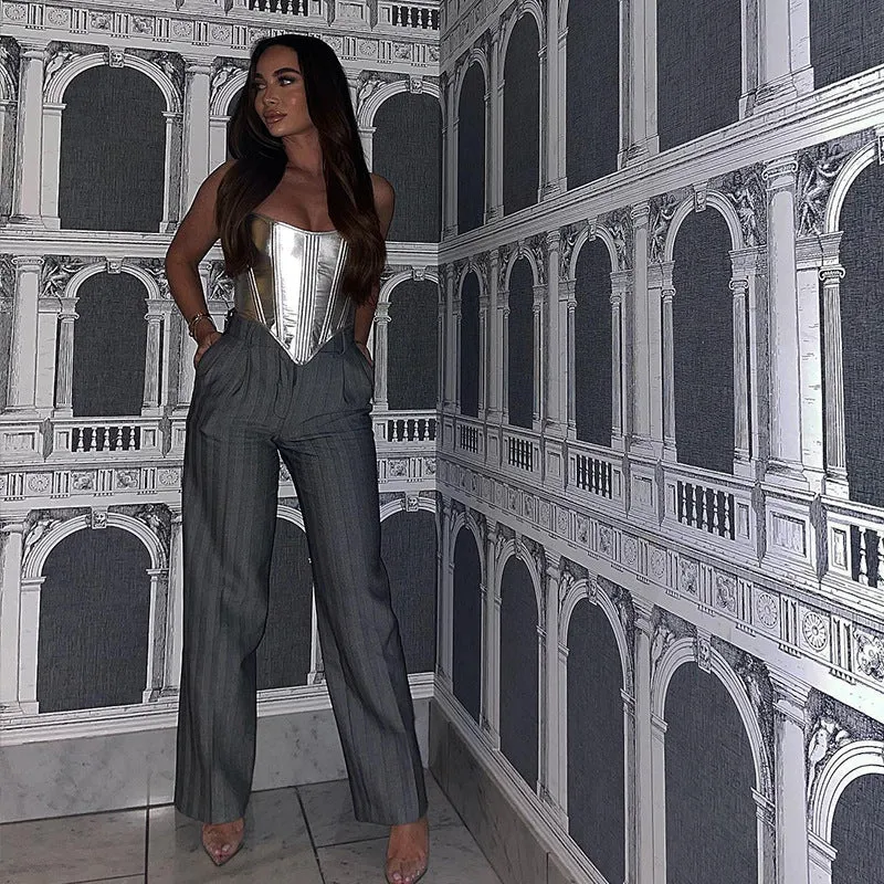J22TP189 European and American Women's Clothing New2023Spring Fashion Metallic Waist Top Sexy Base Shirt Wholesale