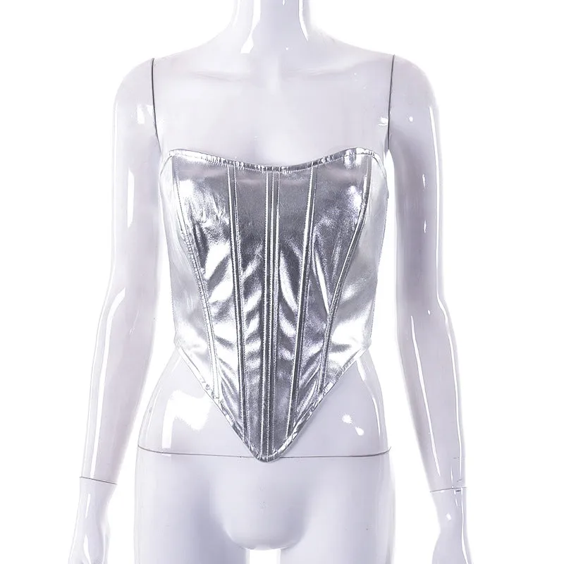 J22TP189 European and American Women's Clothing New2023Spring Fashion Metallic Waist Top Sexy Base Shirt Wholesale