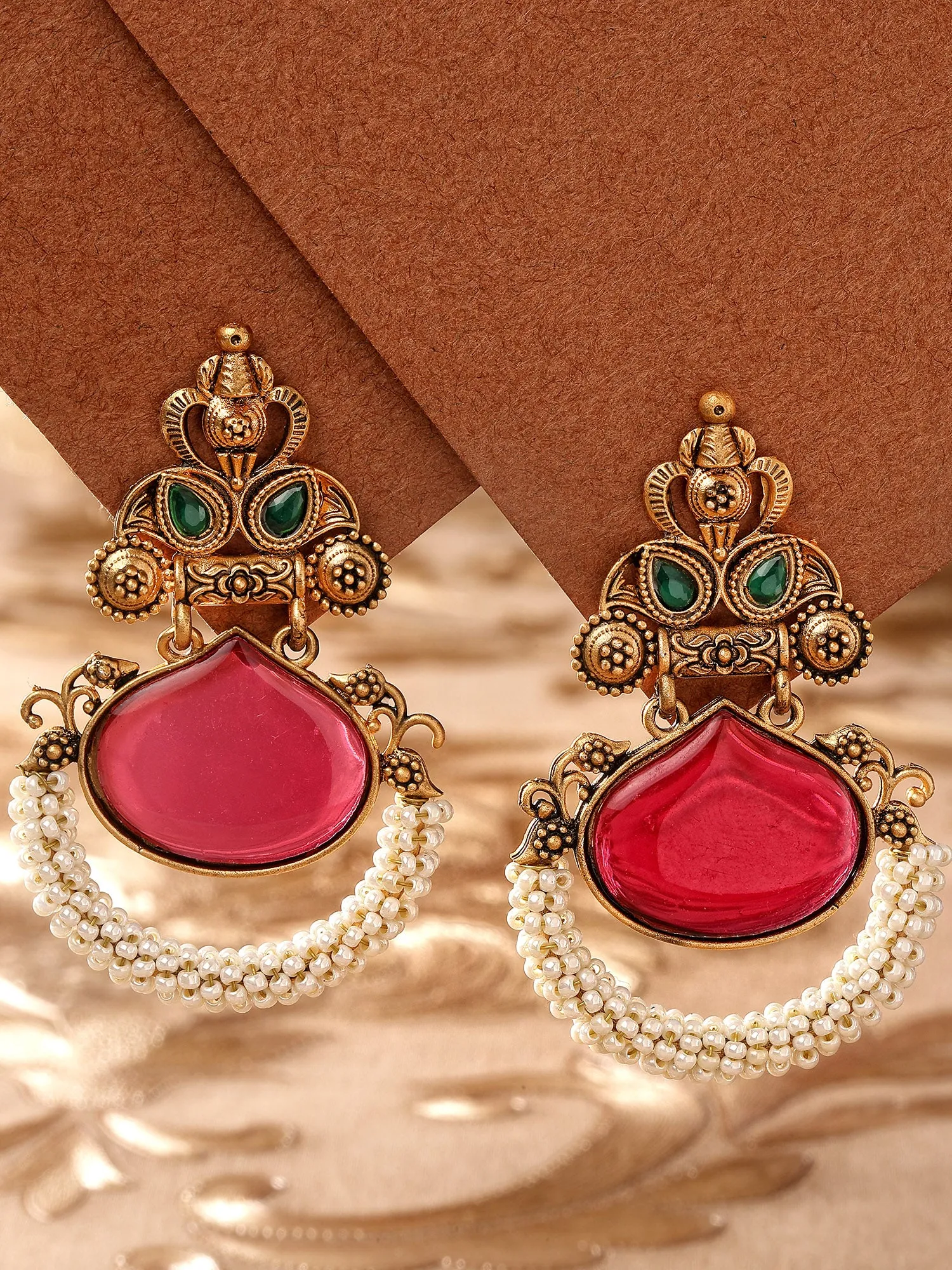 Karatcart Red Stone Studded Gold Plated Drop Earrings for Women