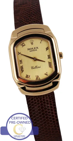 Ladies Vintage Rolex Cellini Geneve 6631 24mm 18K Yellow Gold Leather Watch