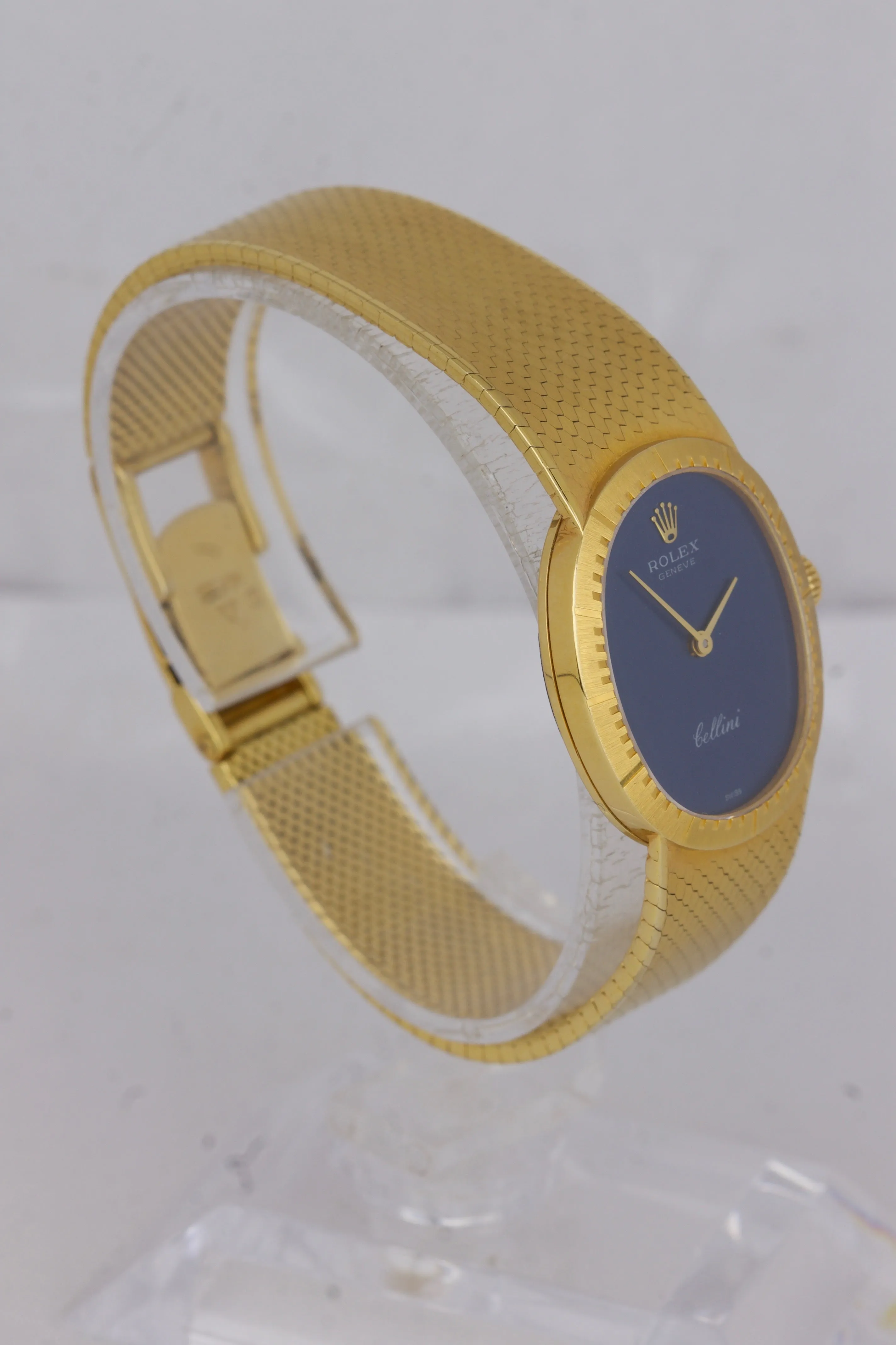 Ladies Vintage Rolex Geneve Cellini 18K Yellow Gold 24mm Blue Oval Watch 4074