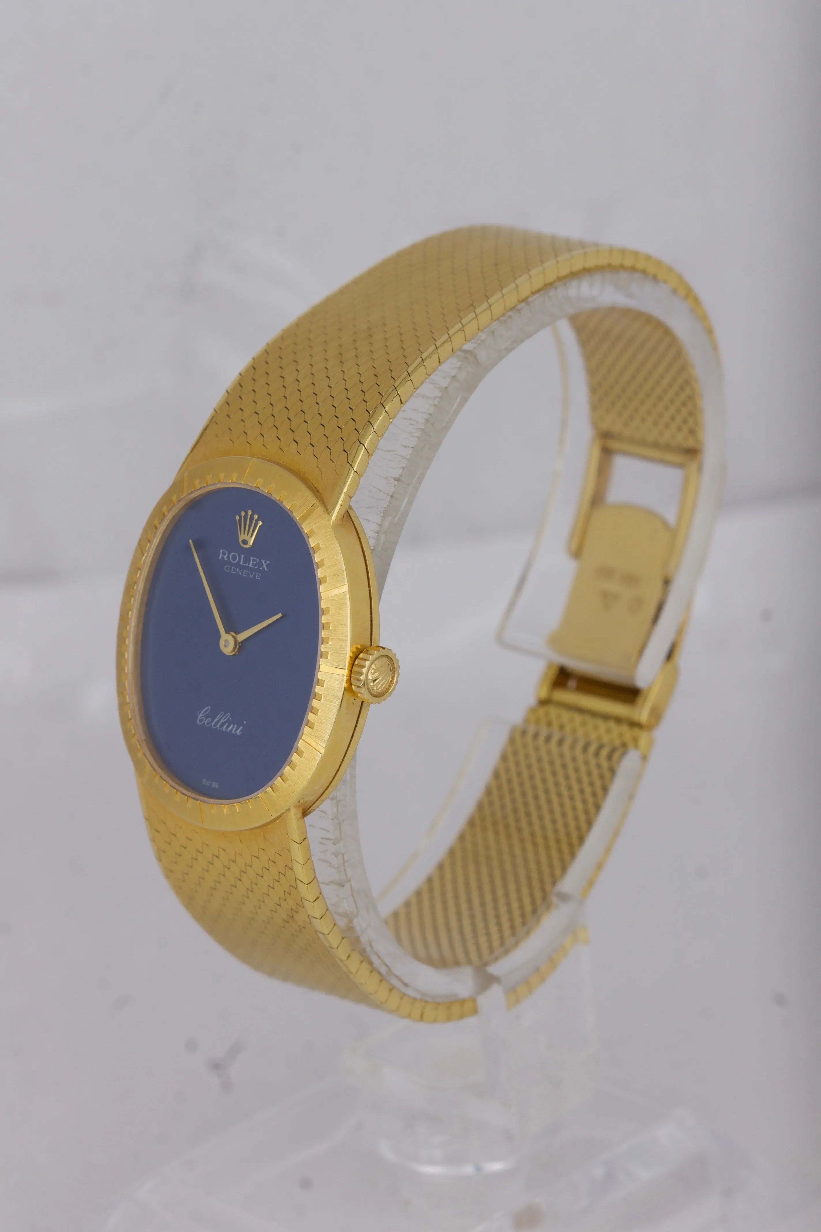 Ladies Vintage Rolex Geneve Cellini 18K Yellow Gold 24mm Blue Oval Watch 4074