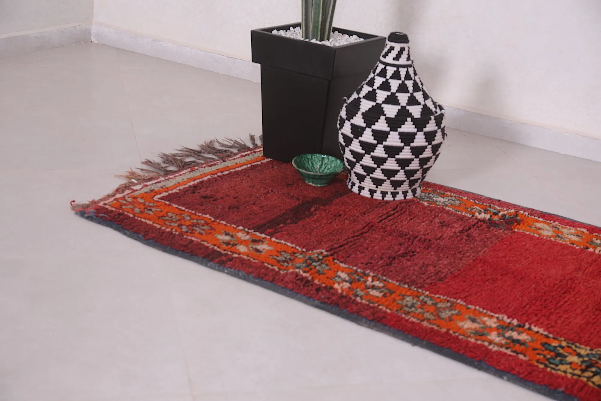 Long Handmade Moroccan Rug – 3 x 7.2 Feet | Vintage Berber Red Rug