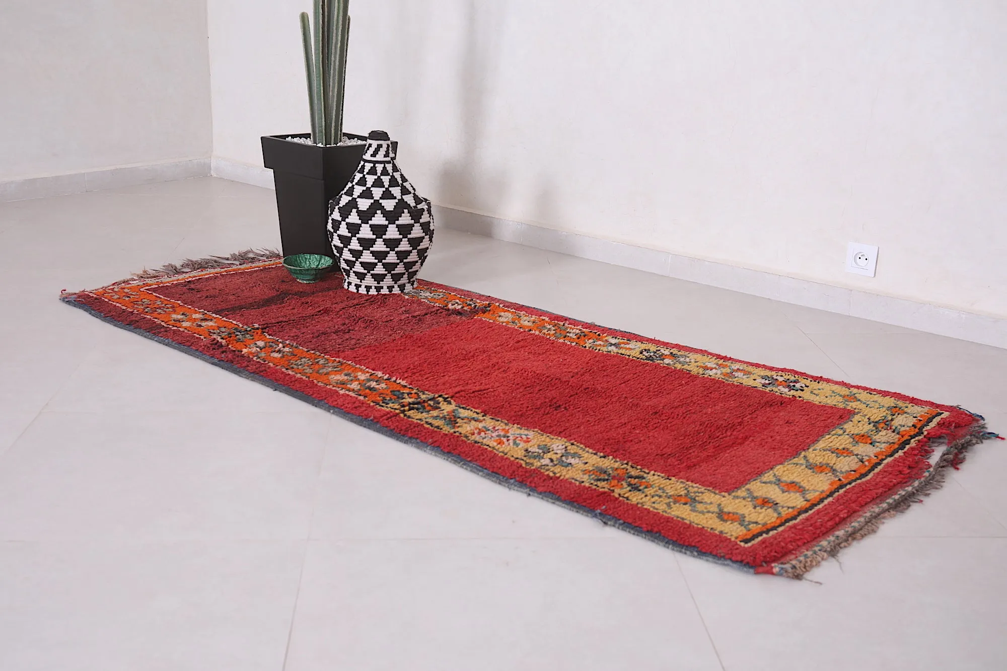 Long Handmade Moroccan Rug – 3 x 7.2 Feet | Vintage Berber Red Rug