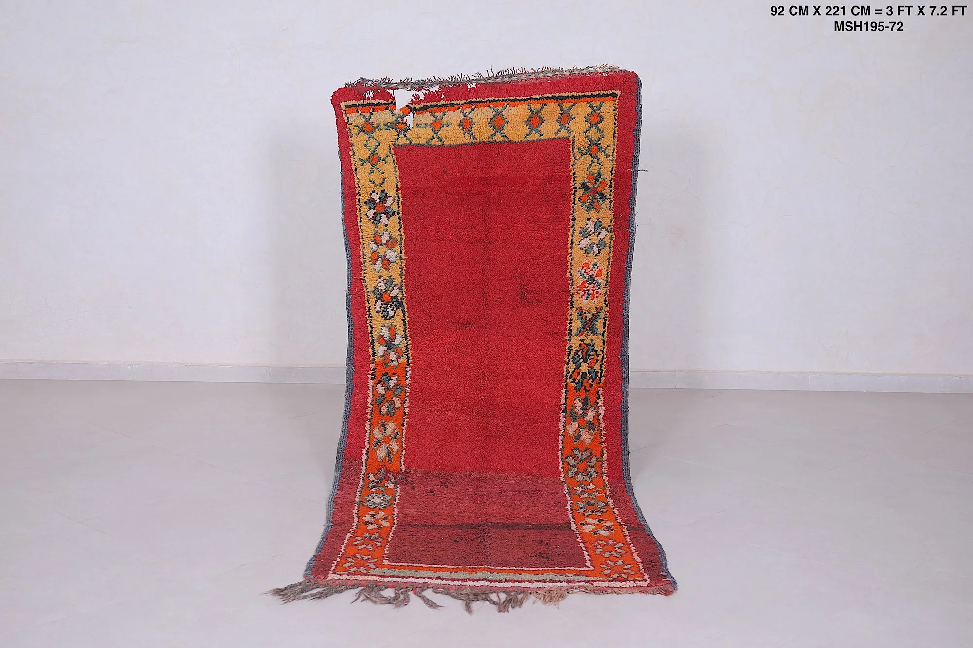 Long Handmade Moroccan Rug – 3 x 7.2 Feet | Vintage Berber Red Rug