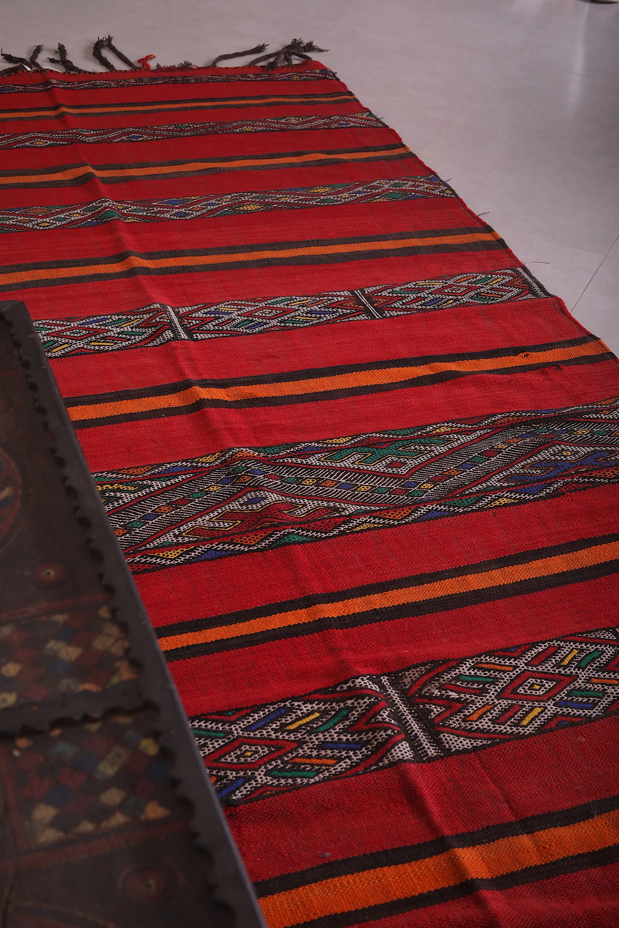 Long Moroccan Kilim - Red and Orange Striped Design - 5.5x13.2 ft