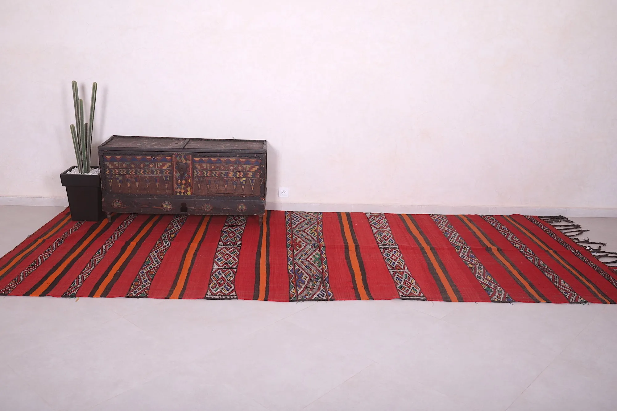 Long Moroccan Kilim - Red and Orange Striped Design - 5.5x13.2 ft