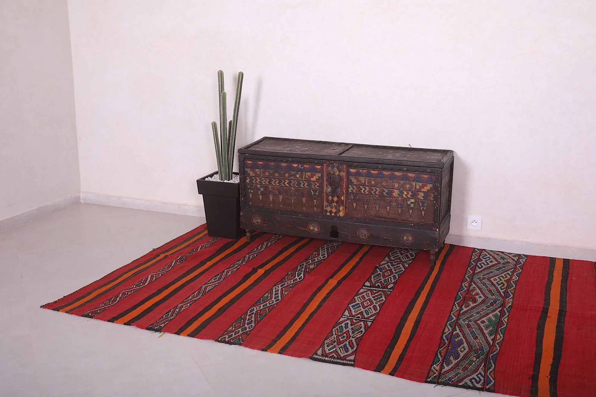 Long Moroccan Kilim - Red and Orange Striped Design - 5.5x13.2 ft