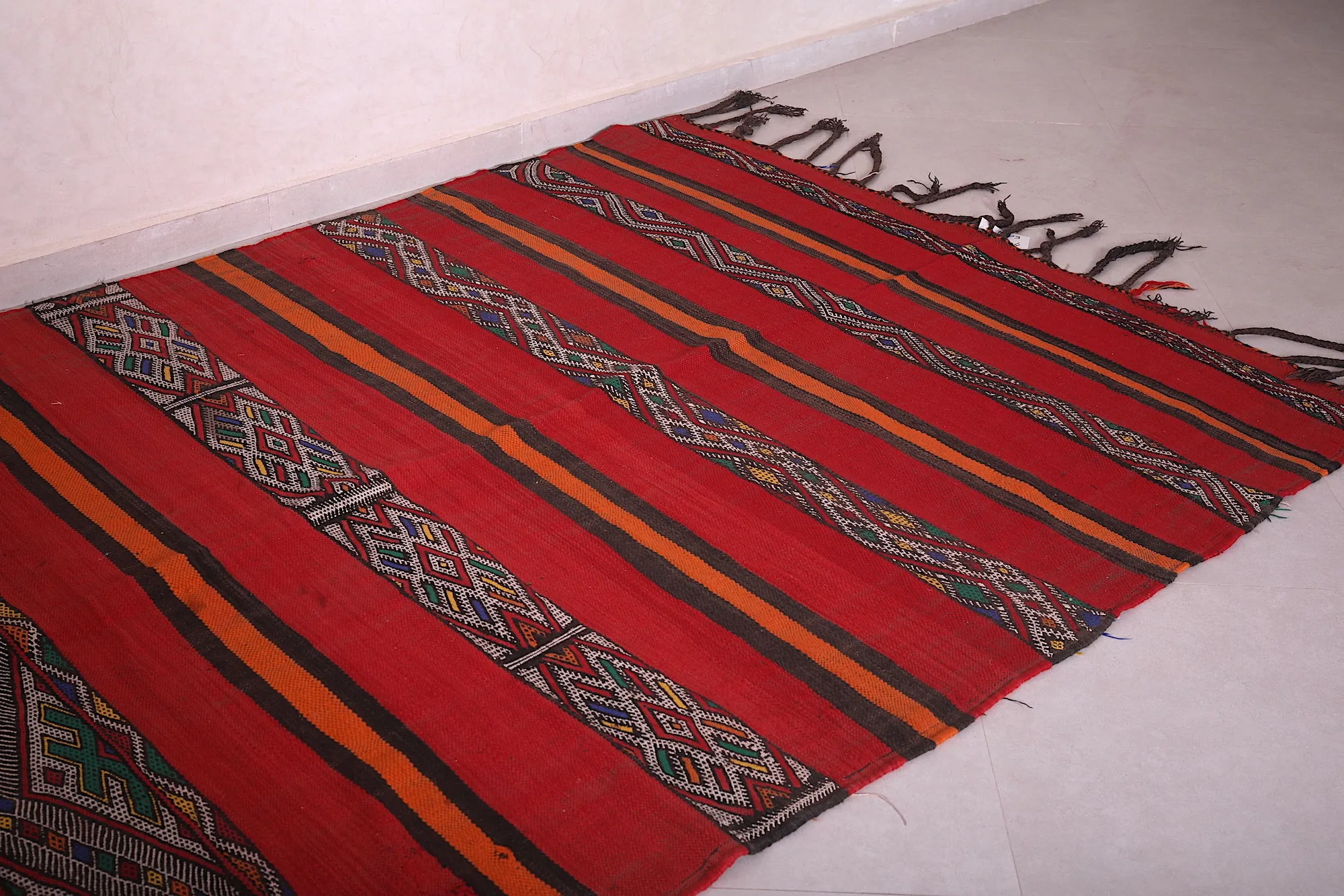Long Moroccan Kilim - Red and Orange Striped Design - 5.5x13.2 ft