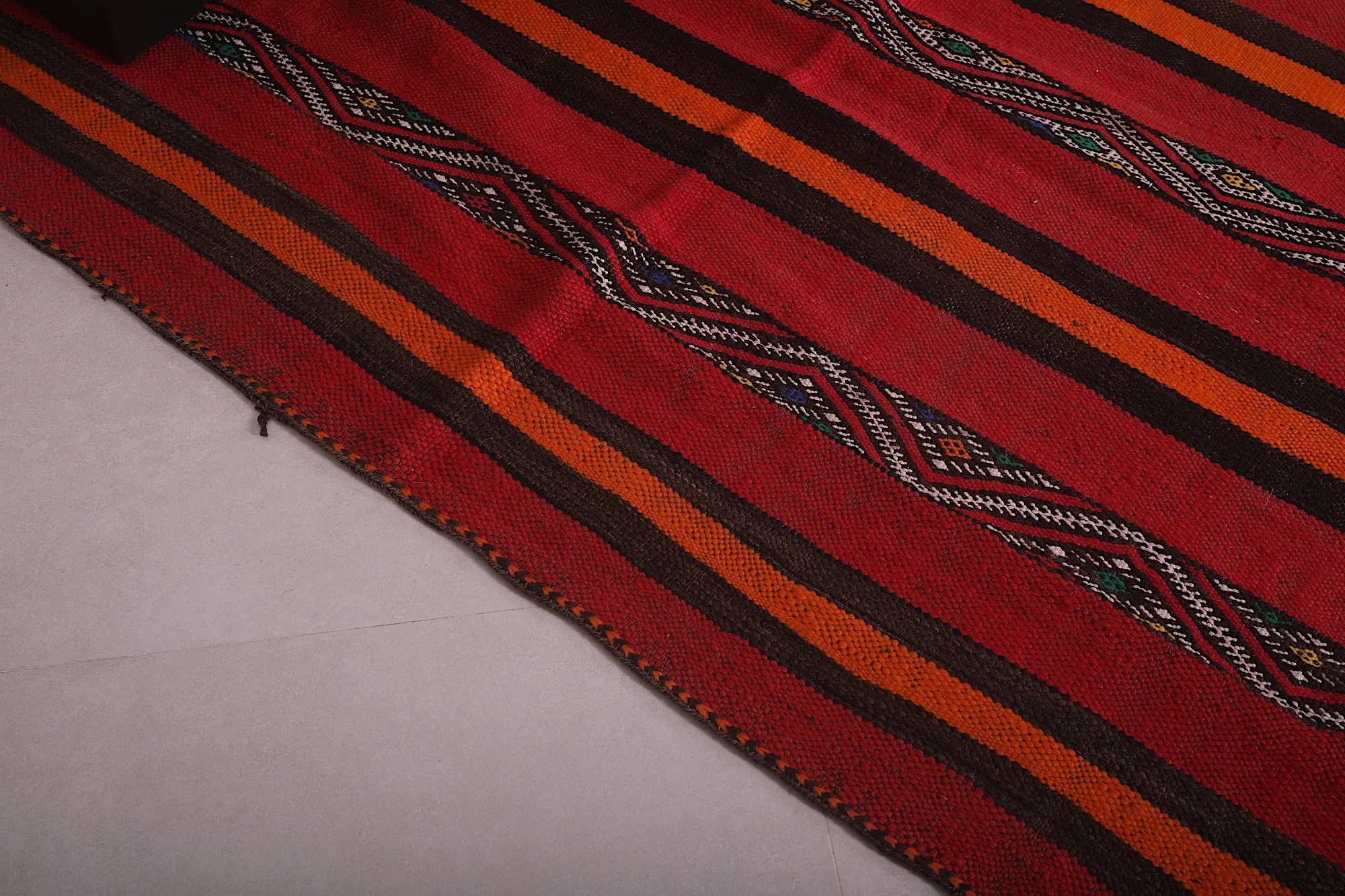 Long Moroccan Kilim - Red and Orange Striped Design - 5.5x13.2 ft
