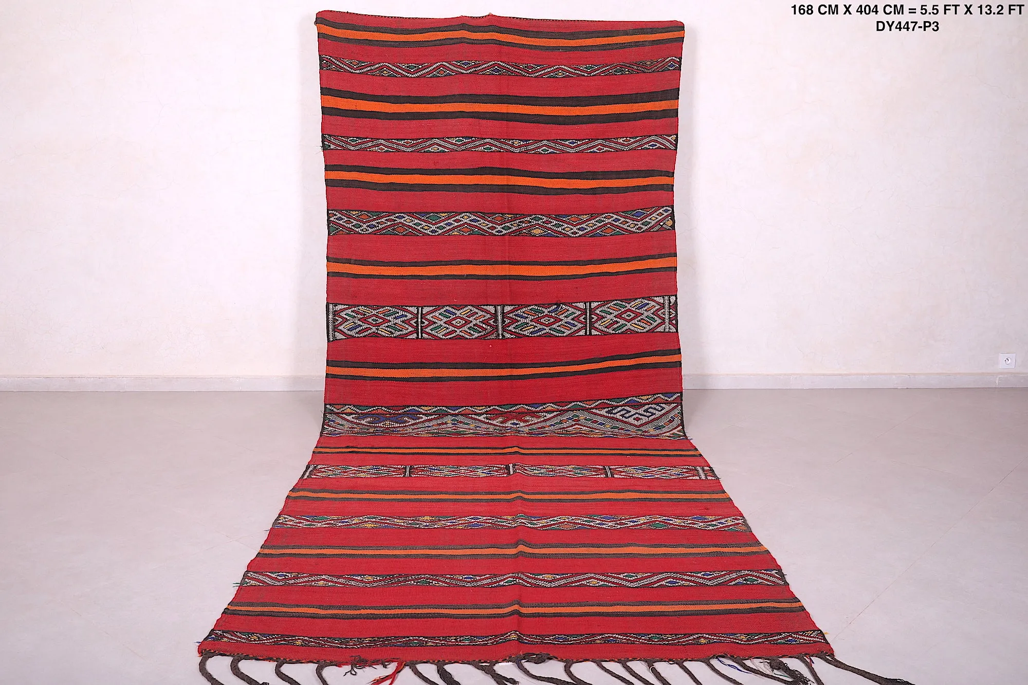 Long Moroccan Kilim - Red and Orange Striped Design - 5.5x13.2 ft