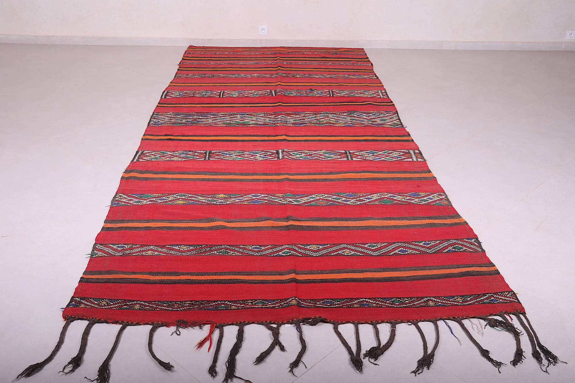 Long Moroccan Kilim - Red and Orange Striped Design - 5.5x13.2 ft