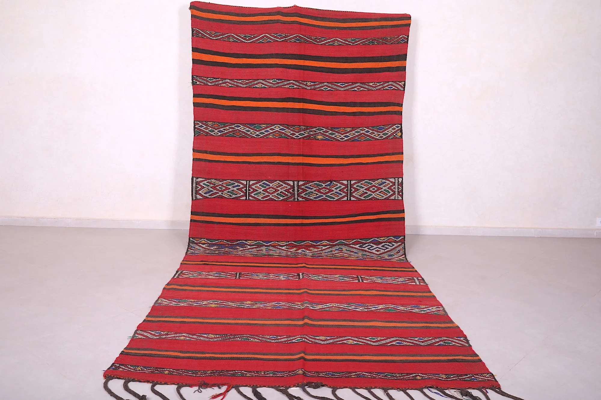 Long Moroccan Kilim - Red and Orange Striped Design - 5.5x13.2 ft