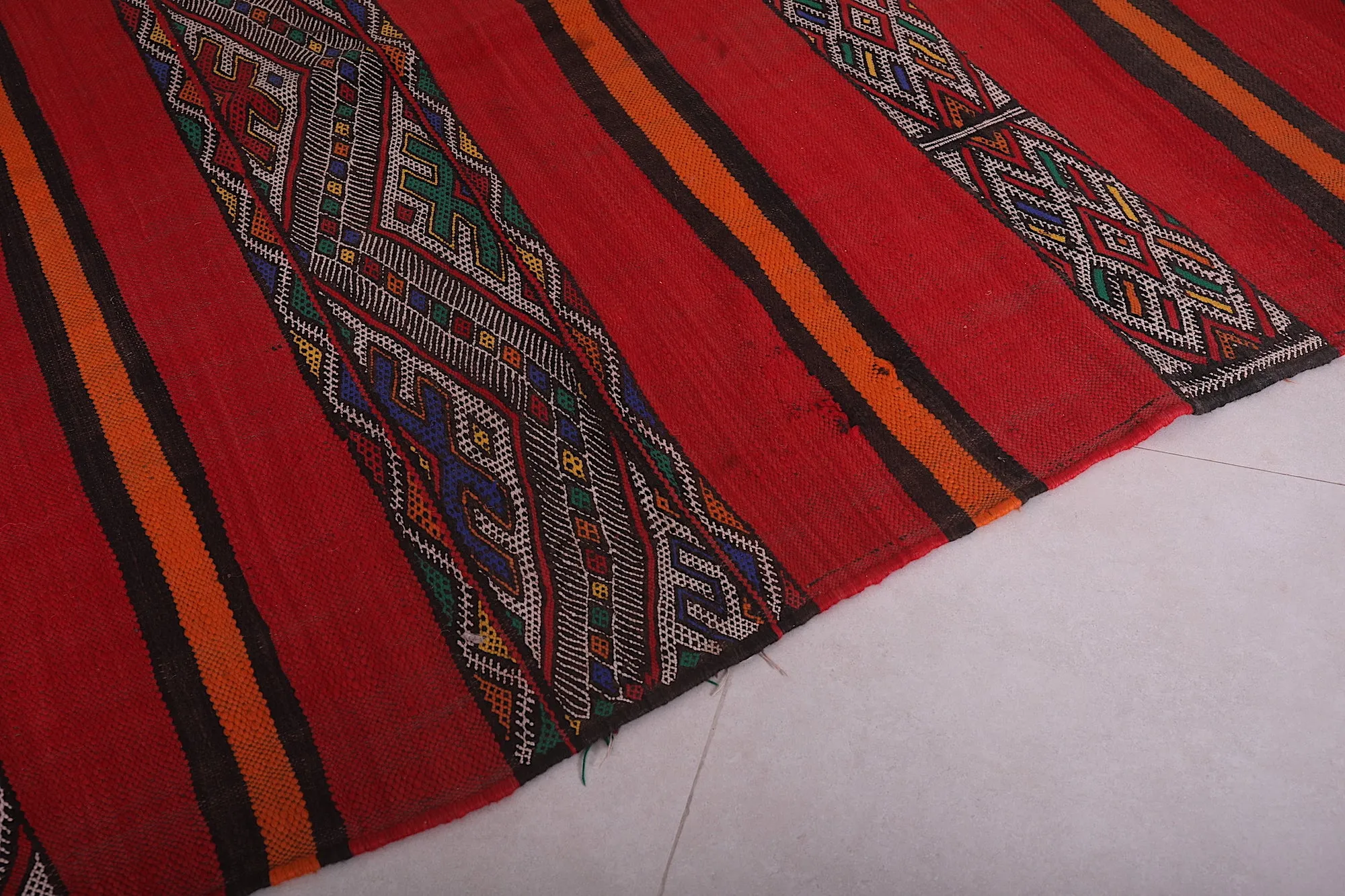 Long Moroccan Kilim - Red and Orange Striped Design - 5.5x13.2 ft