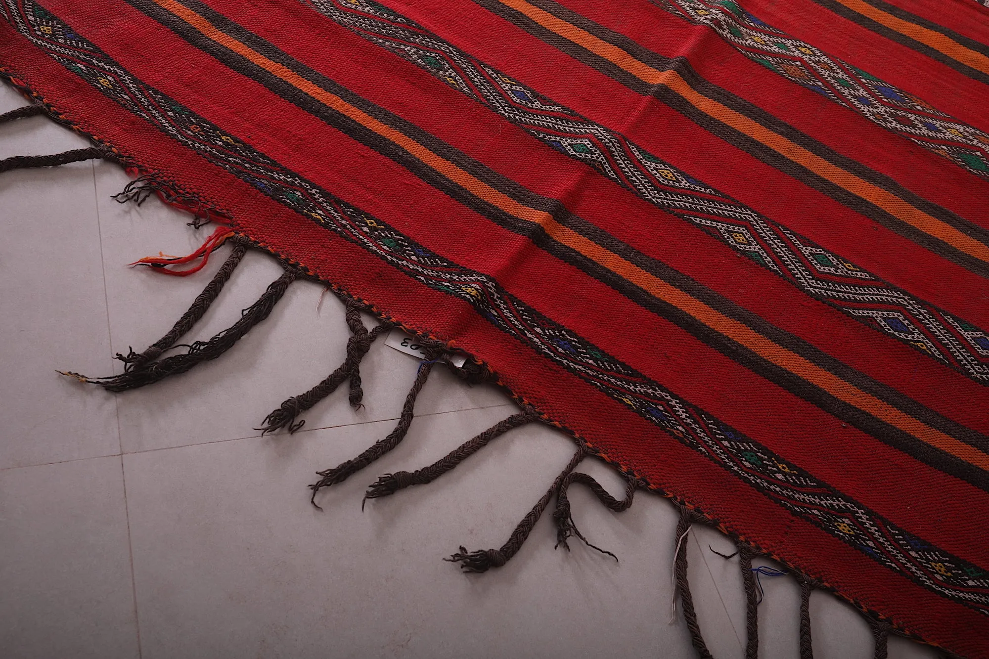 Long Moroccan Kilim - Red and Orange Striped Design - 5.5x13.2 ft