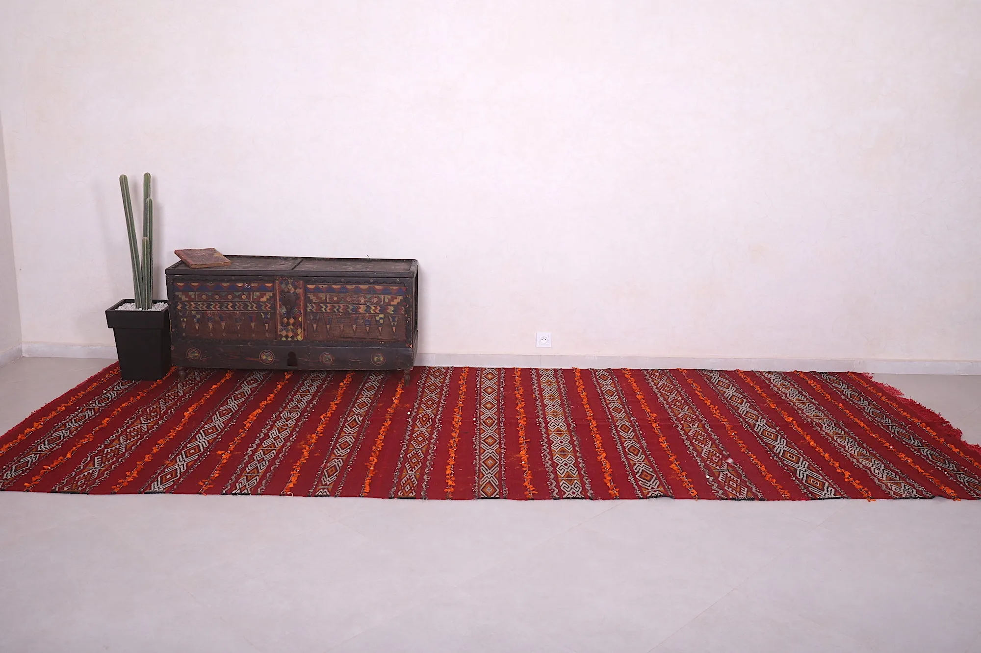 Long Moroccan Rug - Red and White Striped Design - 5.6x13.9 ft