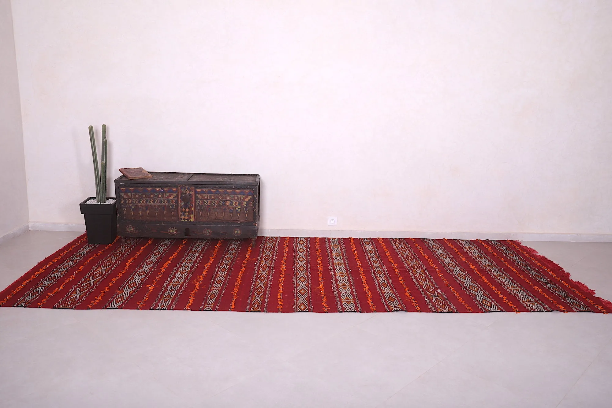 Long Moroccan Rug - Red and White Striped Design - 5.6x13.9 ft