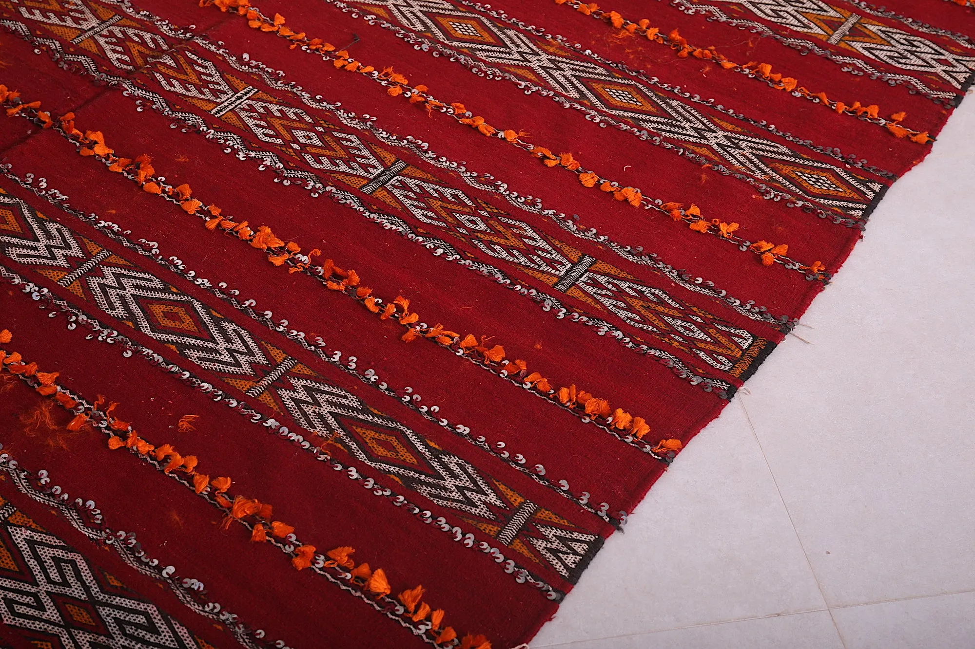Long Moroccan Rug - Red and White Striped Design - 5.6x13.9 ft