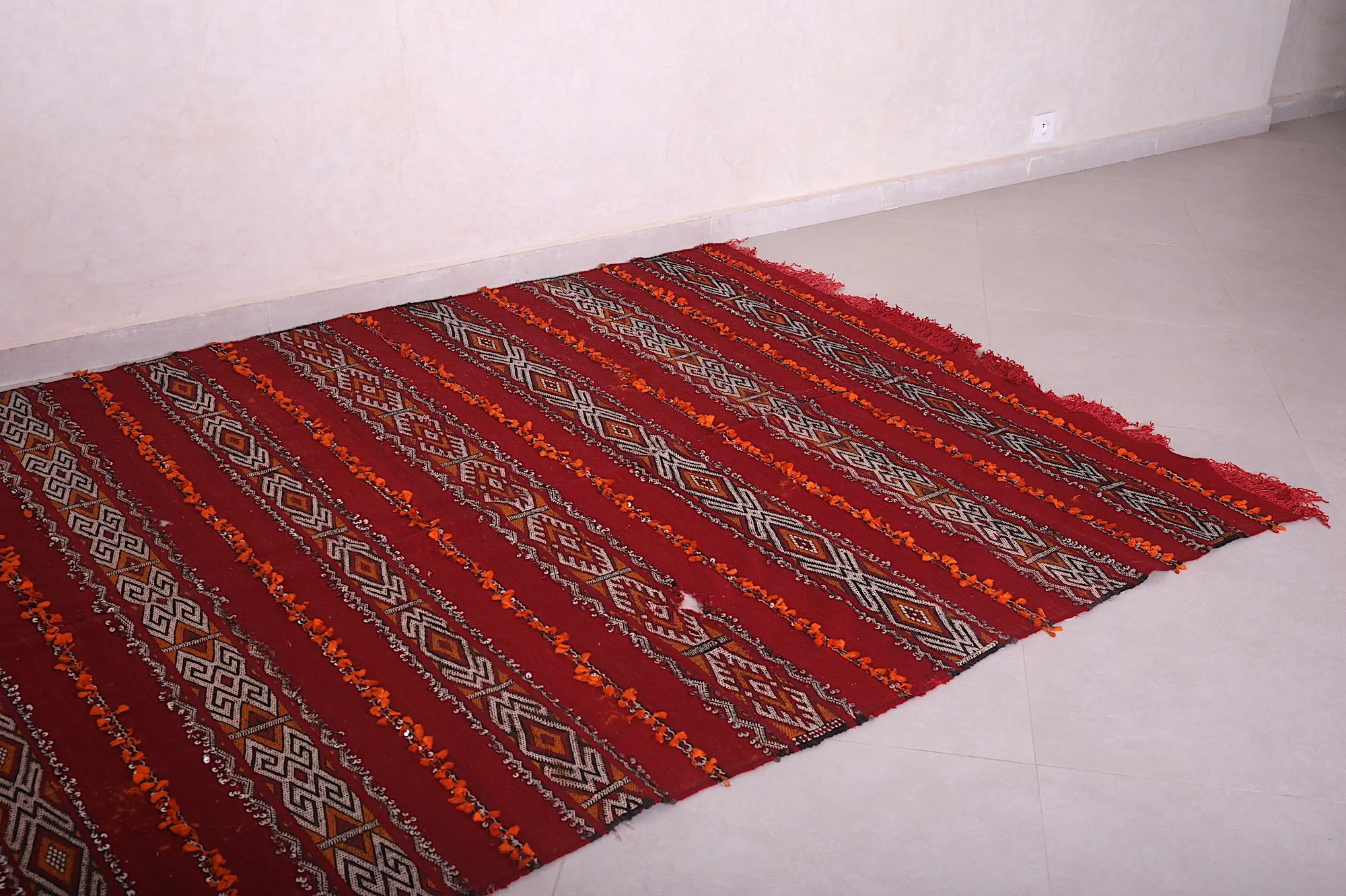 Long Moroccan Rug - Red and White Striped Design - 5.6x13.9 ft