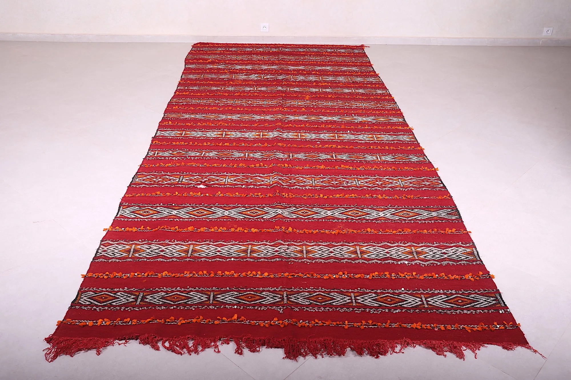 Long Moroccan Rug - Red and White Striped Design - 5.6x13.9 ft