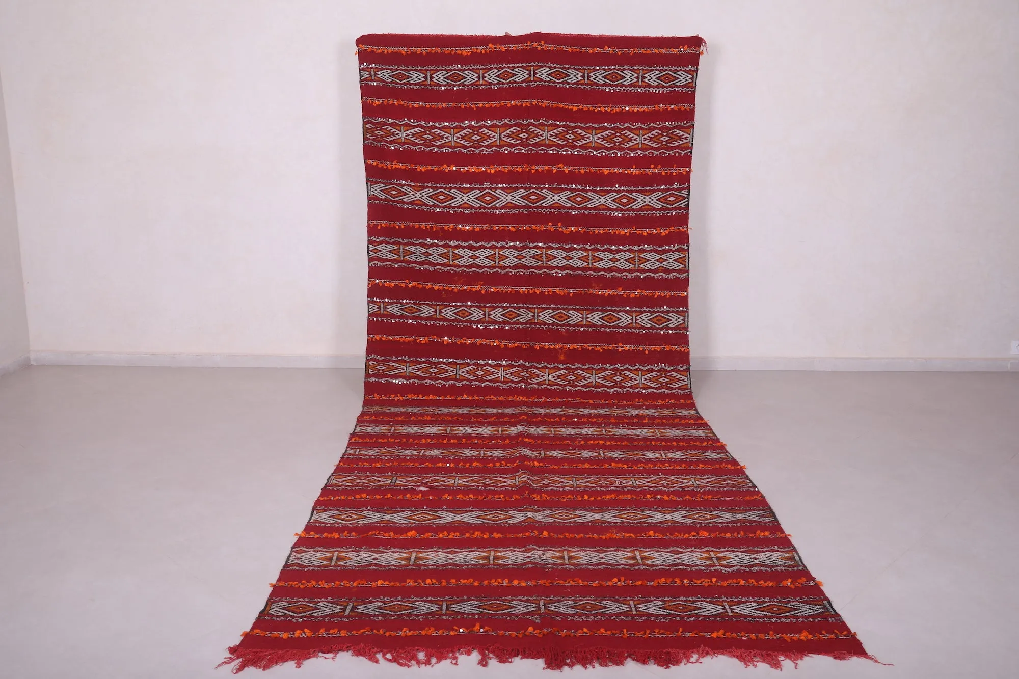 Long Moroccan Rug - Red and White Striped Design - 5.6x13.9 ft