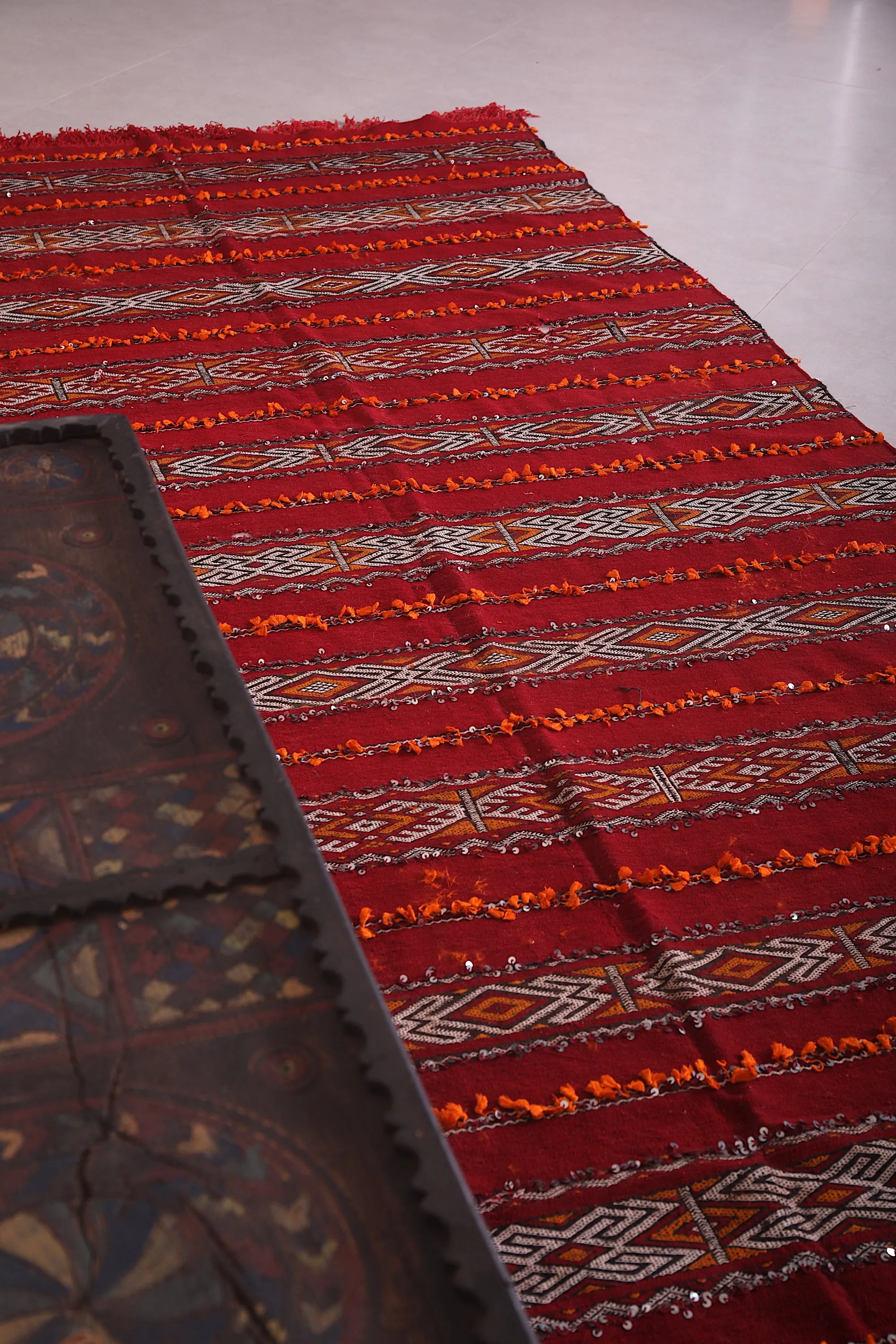 Long Moroccan Rug - Red and White Striped Design - 5.6x13.9 ft
