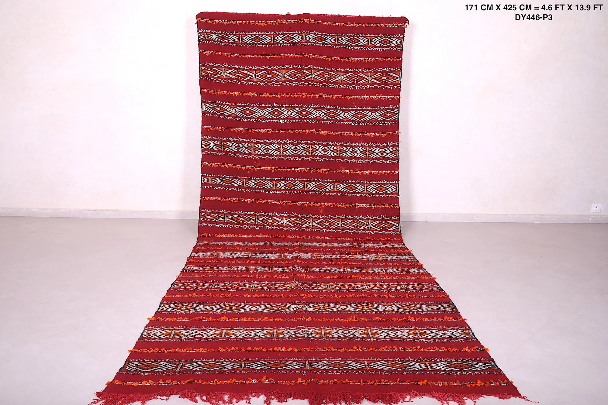 Long Moroccan Rug - Red and White Striped Design - 5.6x13.9 ft