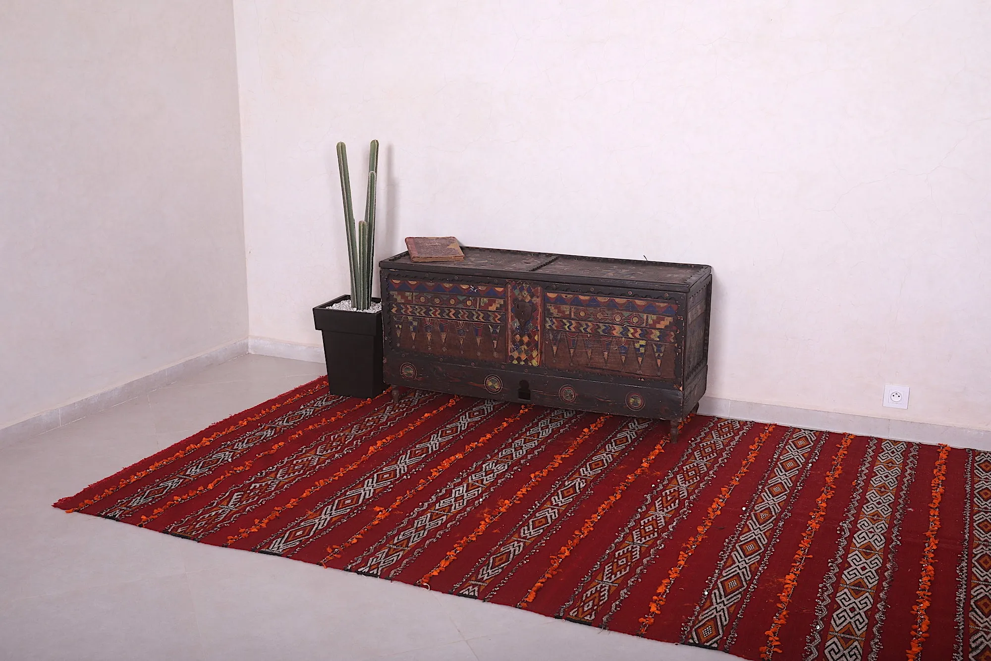 Long Moroccan Rug - Red and White Striped Design - 5.6x13.9 ft