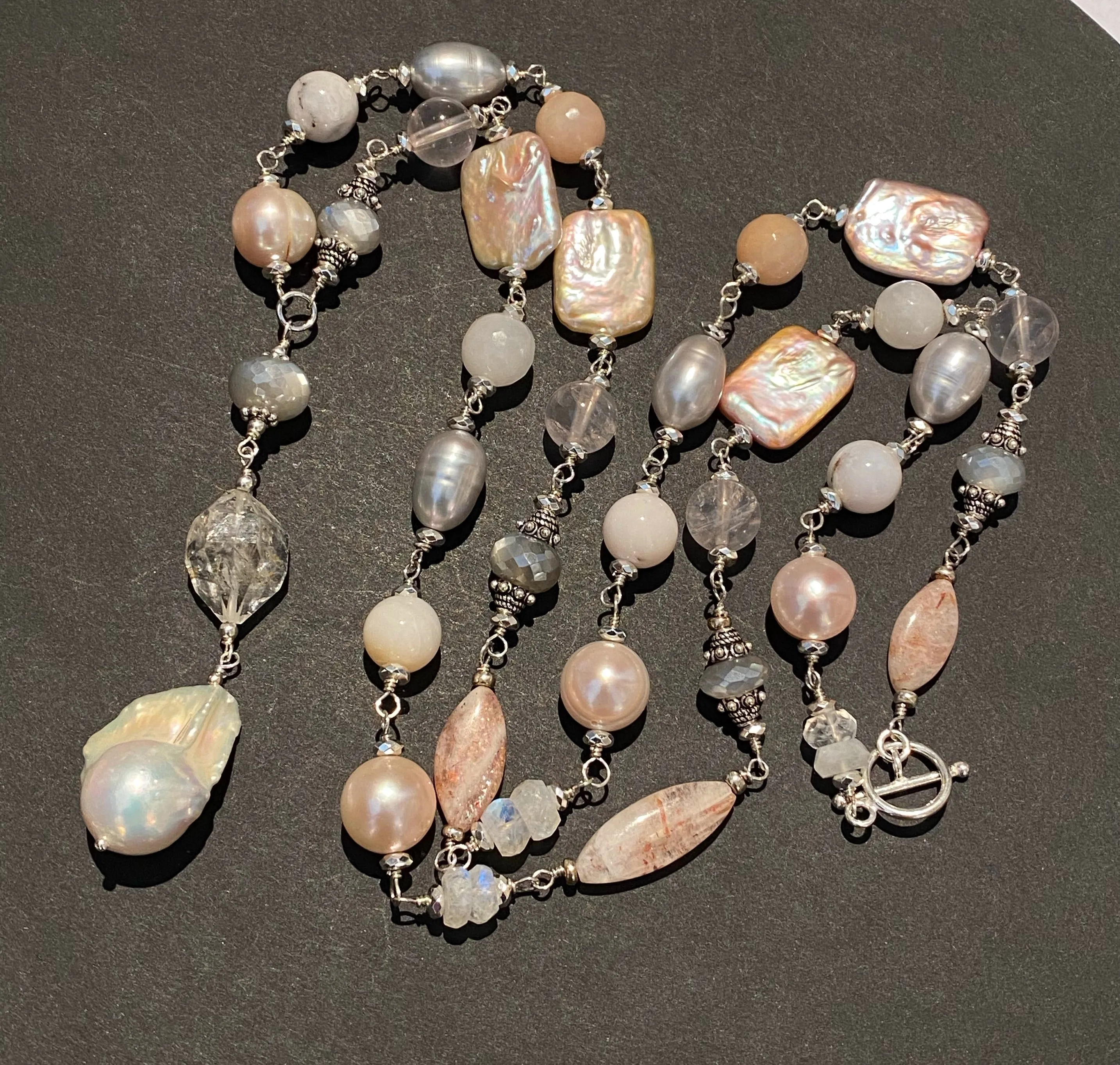 Long Silver Gemstone Pearl Necklace Blush Pink & Grey Toggle Clasp