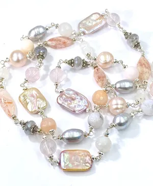Long Silver Gemstone Pearl Necklace Blush Pink & Grey Toggle Clasp