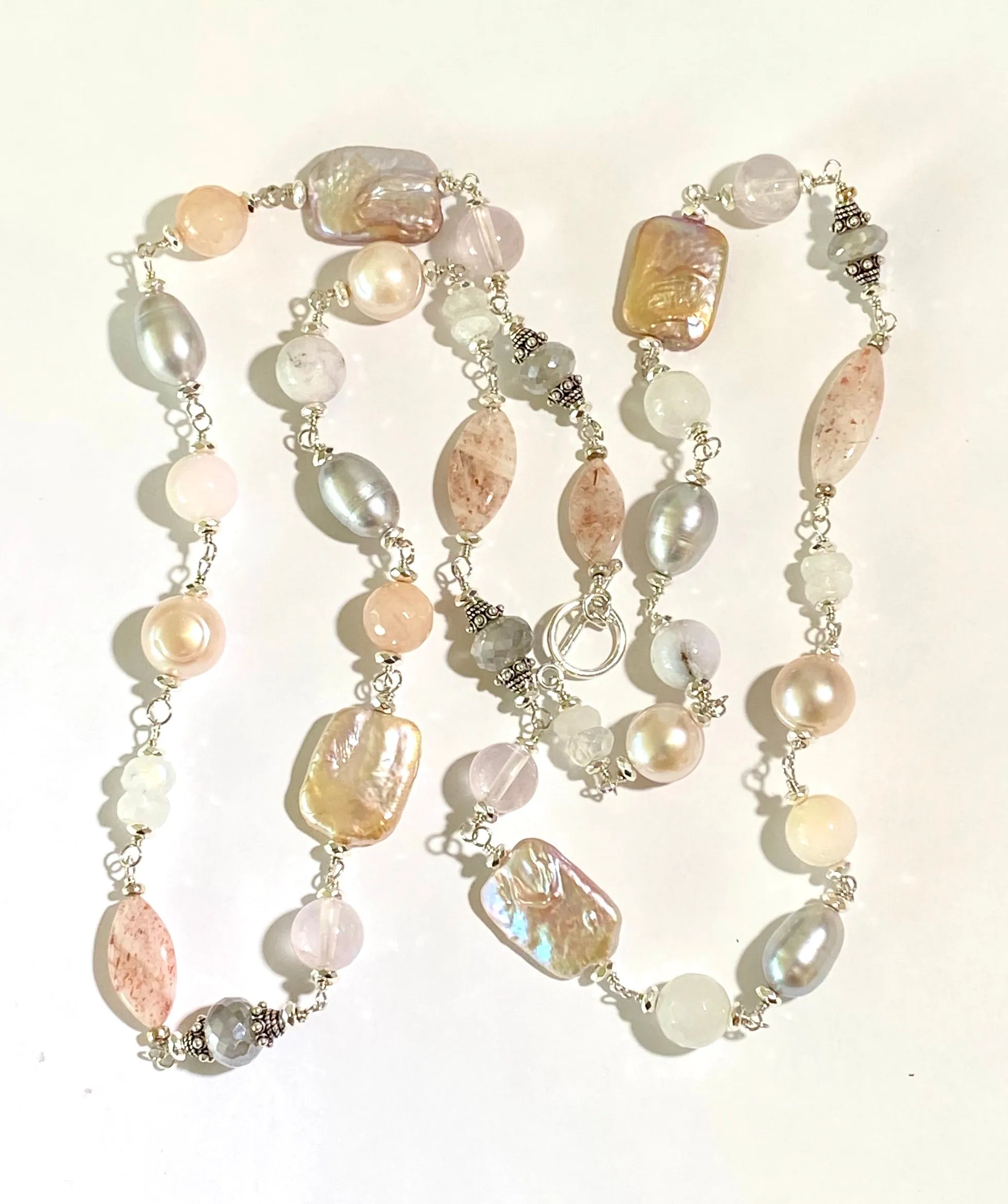Long Silver Gemstone Pearl Necklace Blush Pink & Grey Toggle Clasp