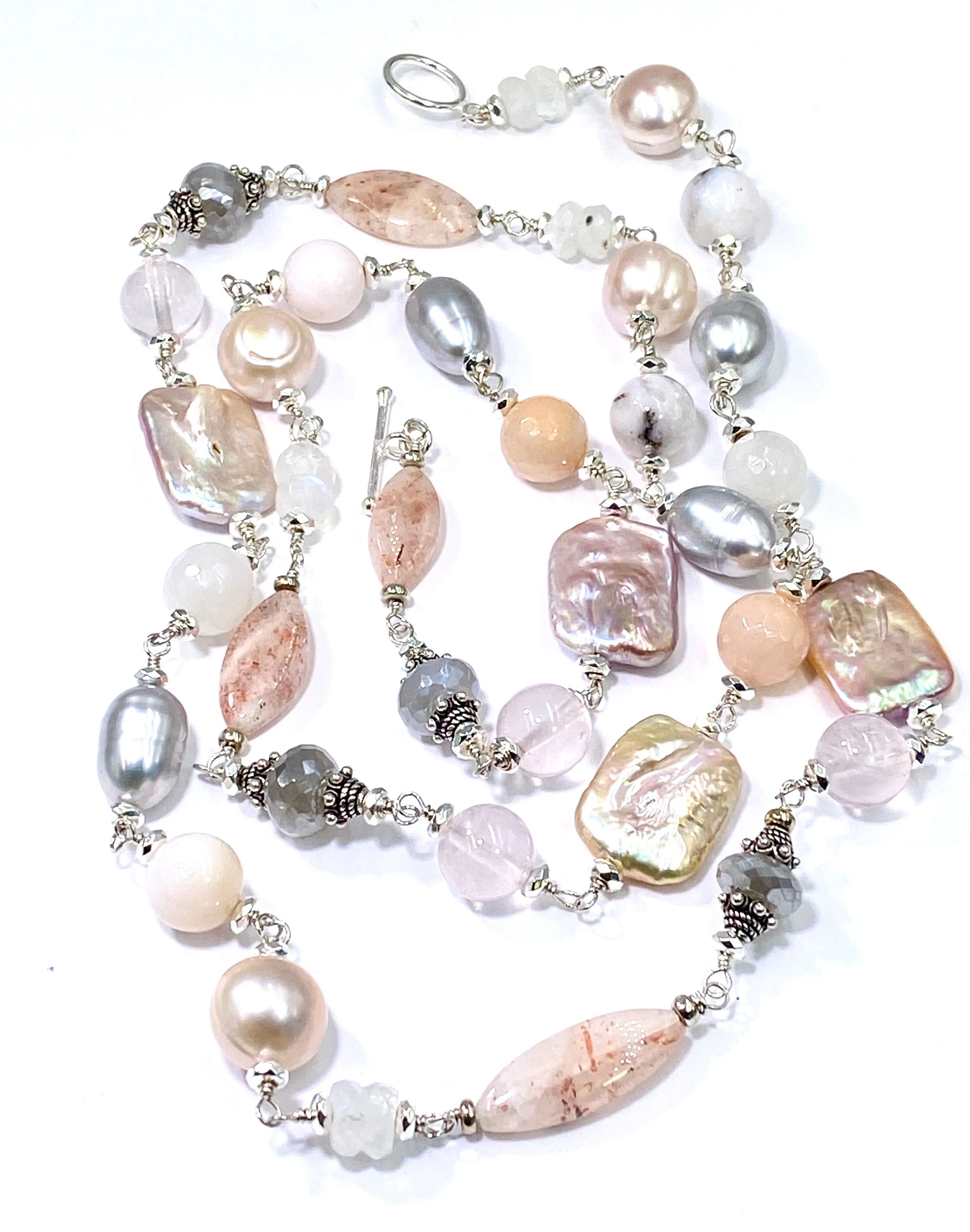 Long Silver Gemstone Pearl Necklace Blush Pink & Grey Toggle Clasp