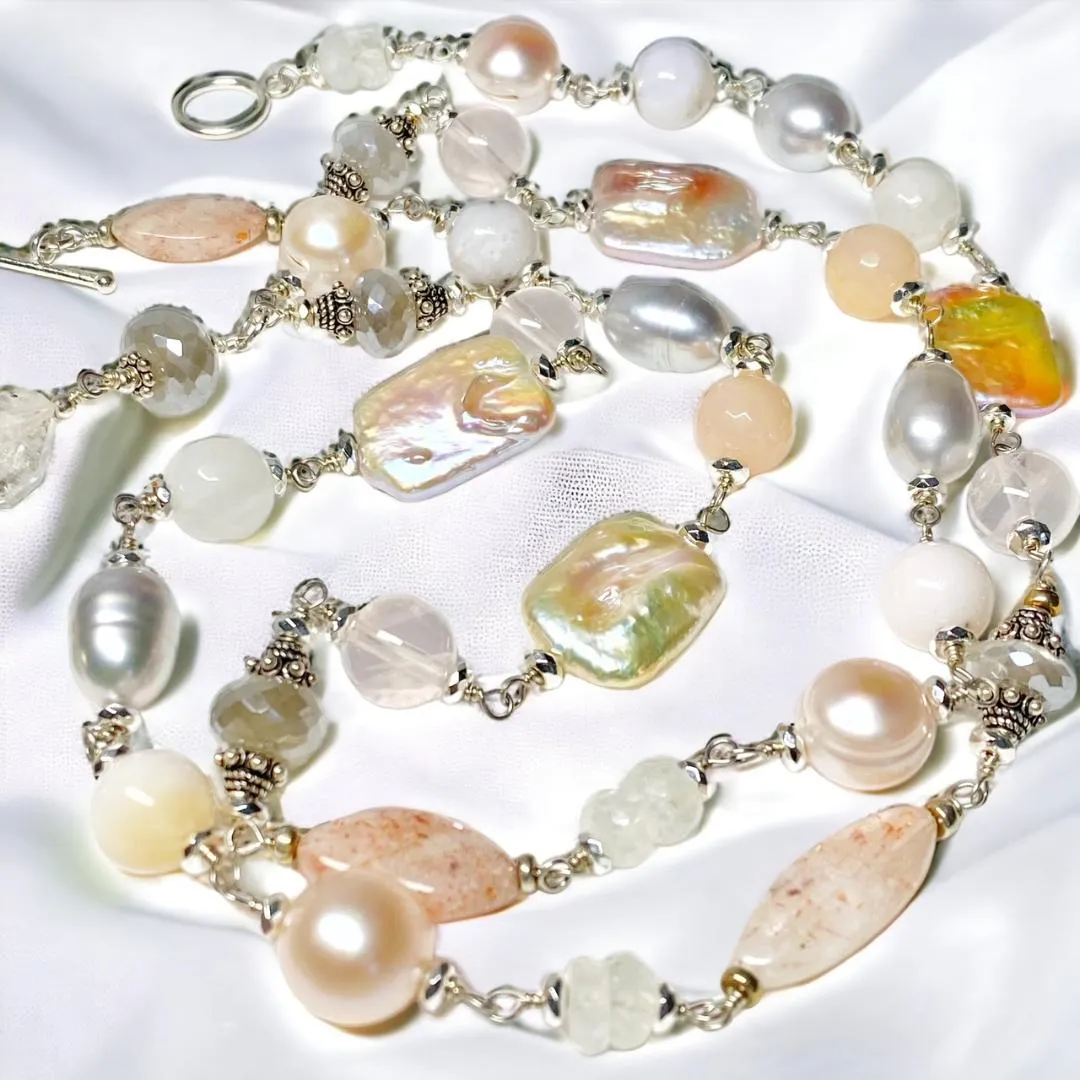 Long Silver Gemstone Pearl Necklace Blush Pink & Grey Toggle Clasp