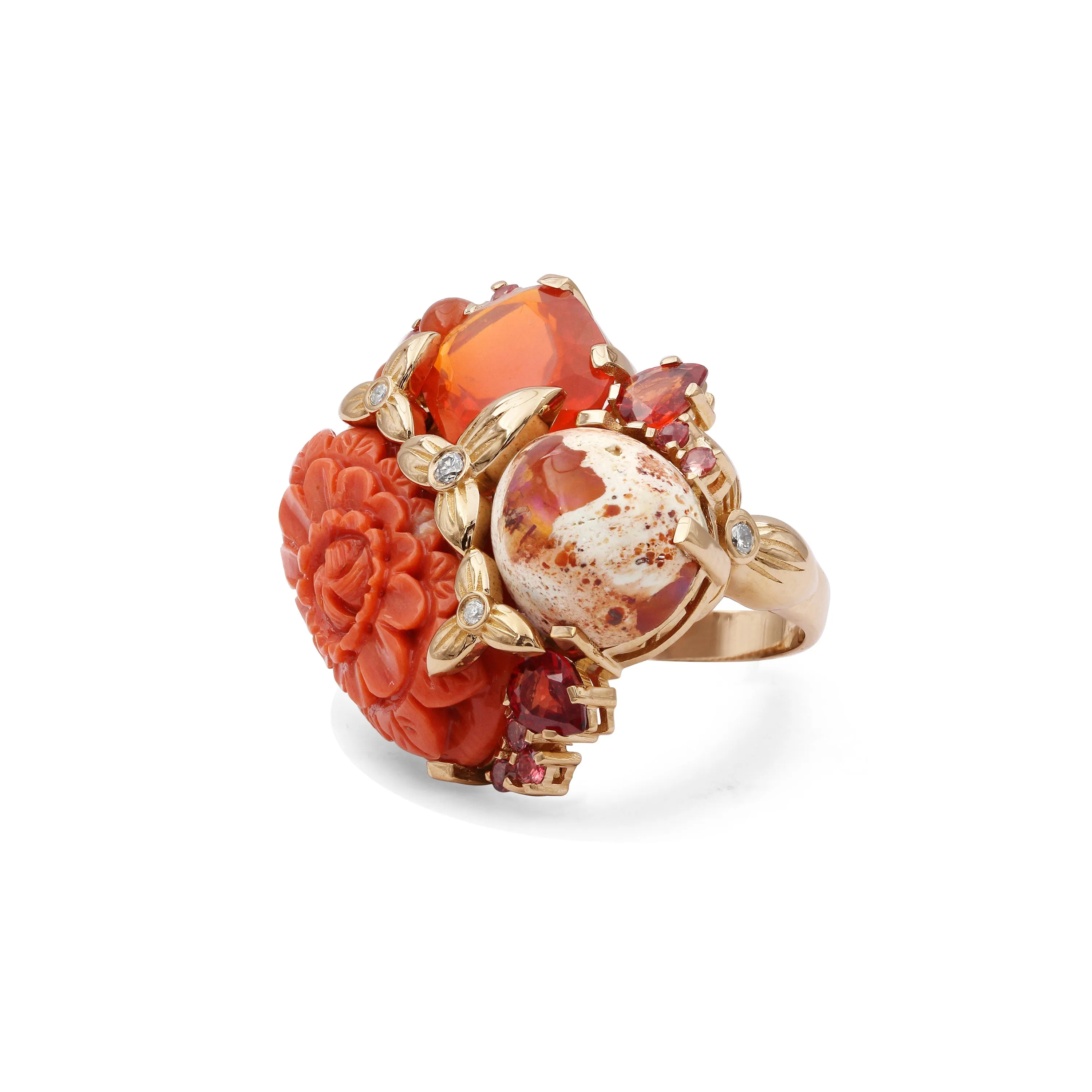 Luxury Hand Carved Coral 12.4ct Fire Opal 9.5ct Red Sapphire 1.15ct and Diamond 0.15ct Ring in 18K Gold