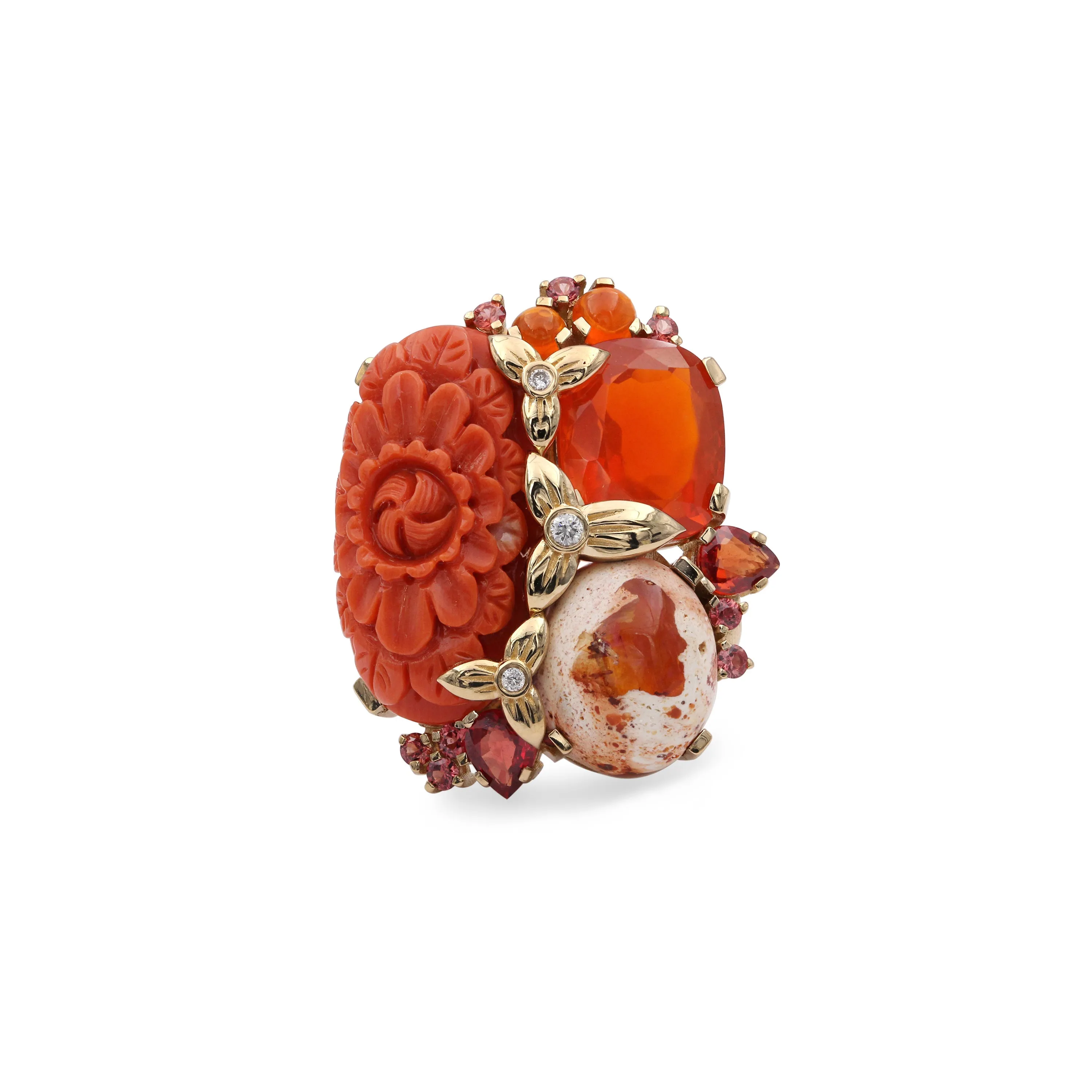 Luxury Hand Carved Coral 12.4ct Fire Opal 9.5ct Red Sapphire 1.15ct and Diamond 0.15ct Ring in 18K Gold