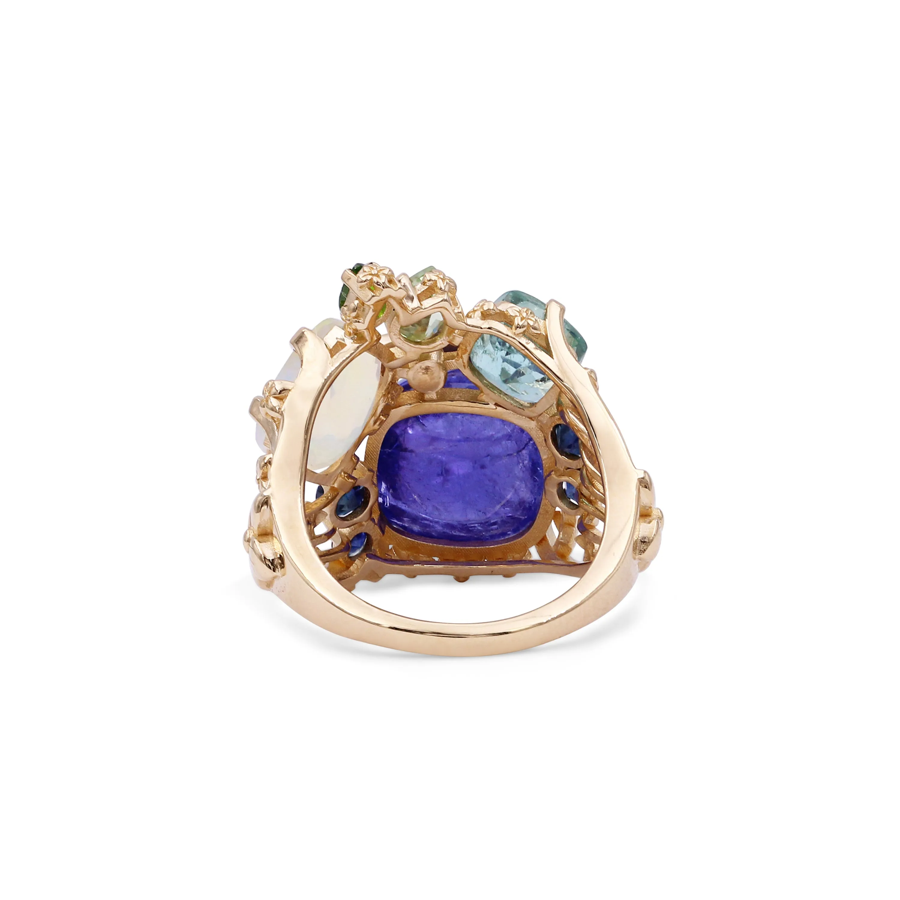 Luxury Tanzanite 10.6ct Emerald 1.4ct Opal 1.7ct Tsavorite 0.40ct Sapphire 0.6ct and Diamond 0.02ct Ring in 18K Gold