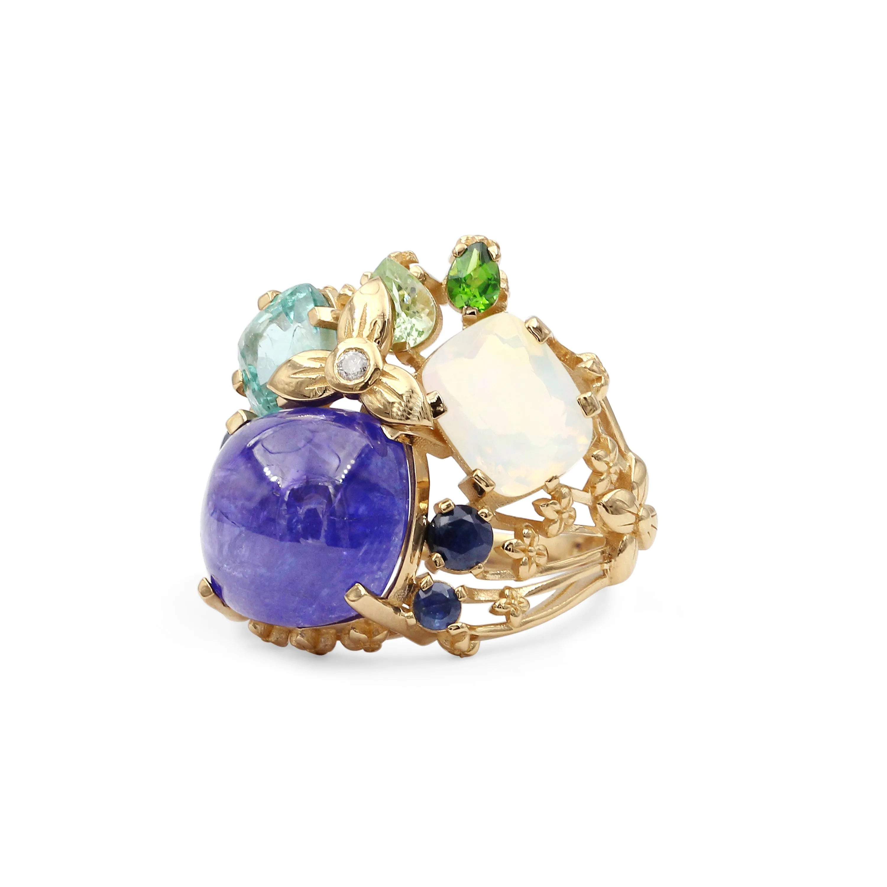 Luxury Tanzanite 10.6ct Emerald 1.4ct Opal 1.7ct Tsavorite 0.40ct Sapphire 0.6ct and Diamond 0.02ct Ring in 18K Gold