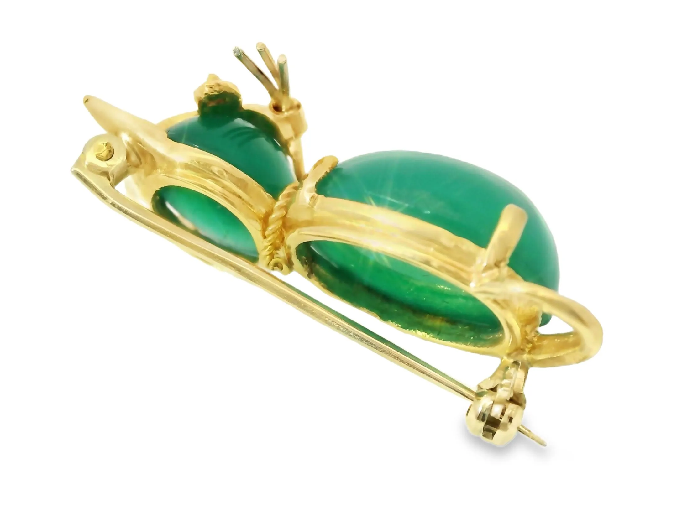 Magnificent Estate 14K Yellow Gold Green Aventurine Ruby Cat Brooch Pin