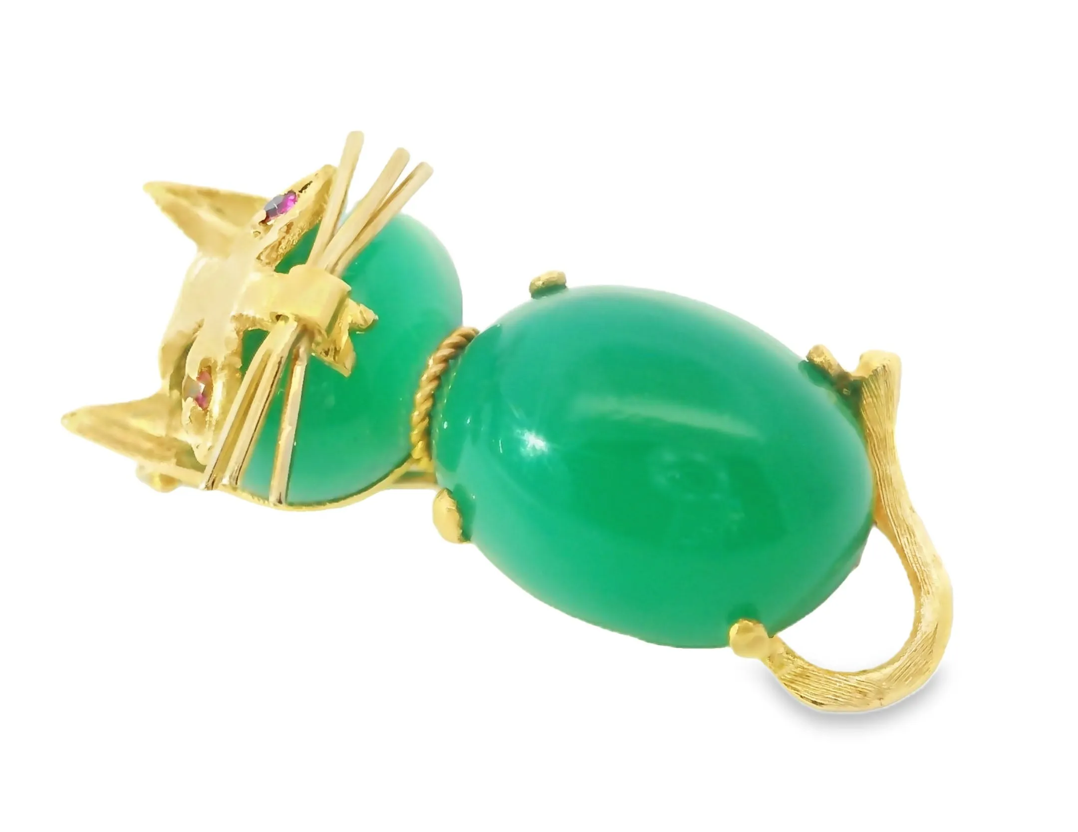 Magnificent Estate 14K Yellow Gold Green Aventurine Ruby Cat Brooch Pin