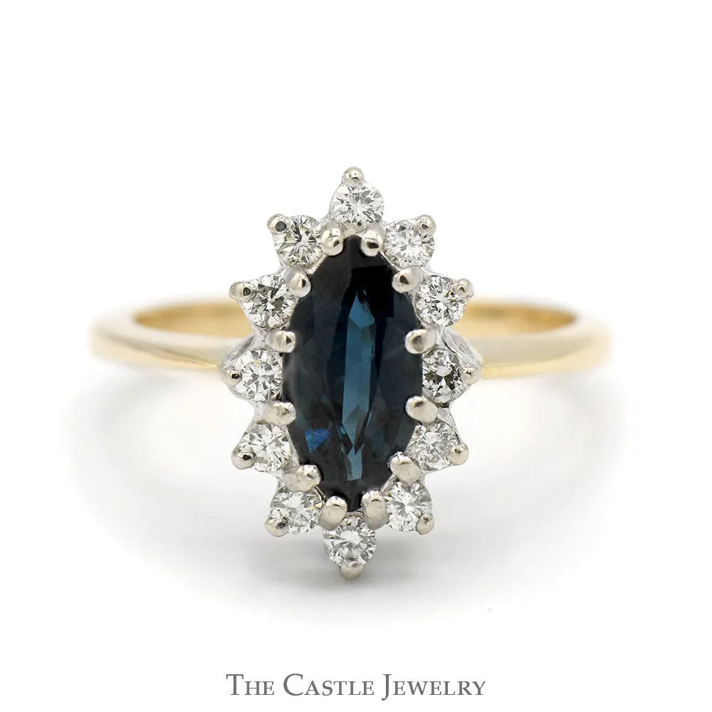 Marquise Sapphire Ring with 1/4cttw Diamond Halo in 14k Yellow Gold