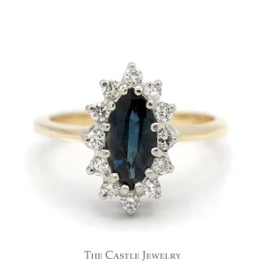 Marquise Sapphire Ring with 1/4cttw Diamond Halo in 14k Yellow Gold