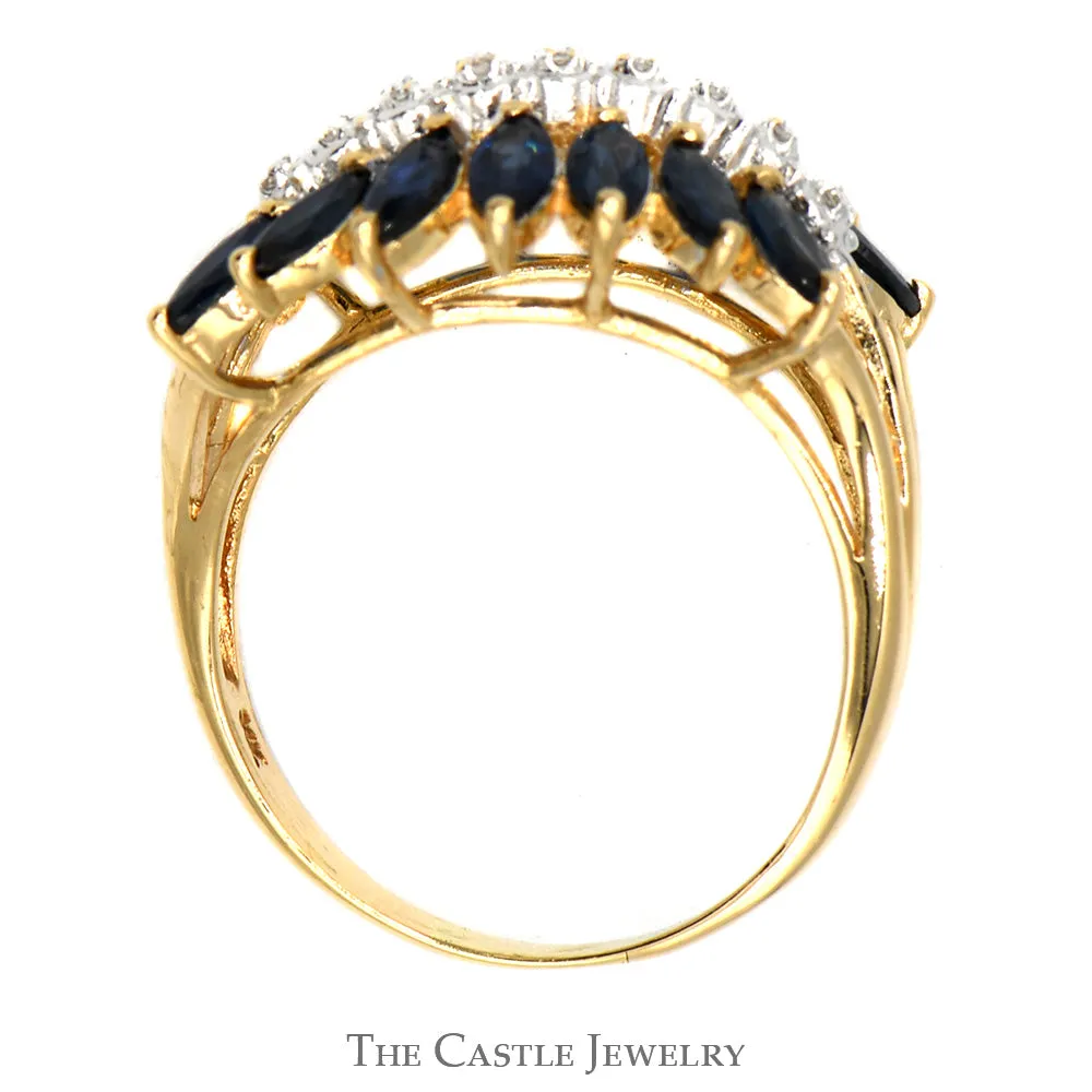Marquise Shaped Sapphire and Diamond Cluster Band in 14k Yellow Gold