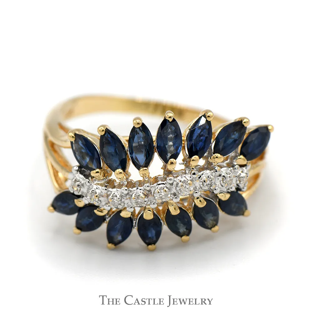 Marquise Shaped Sapphire and Diamond Cluster Band in 14k Yellow Gold