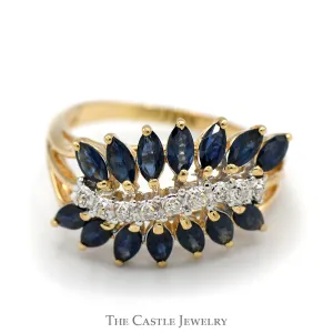 Marquise Shaped Sapphire and Diamond Cluster Band in 14k Yellow Gold