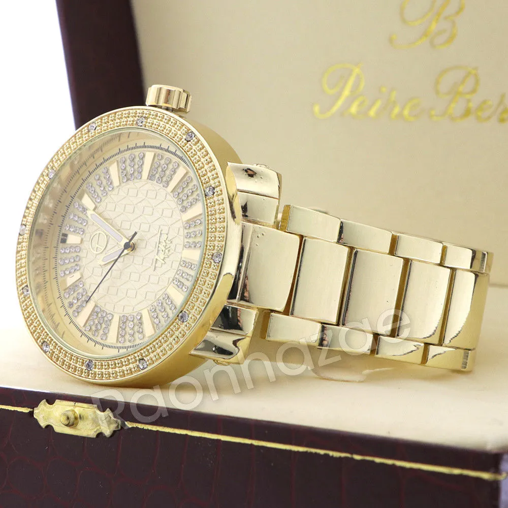Men 14K Gold PT Big Face Watch Ruby Cuban Chain Bling Bracelet Set F64G